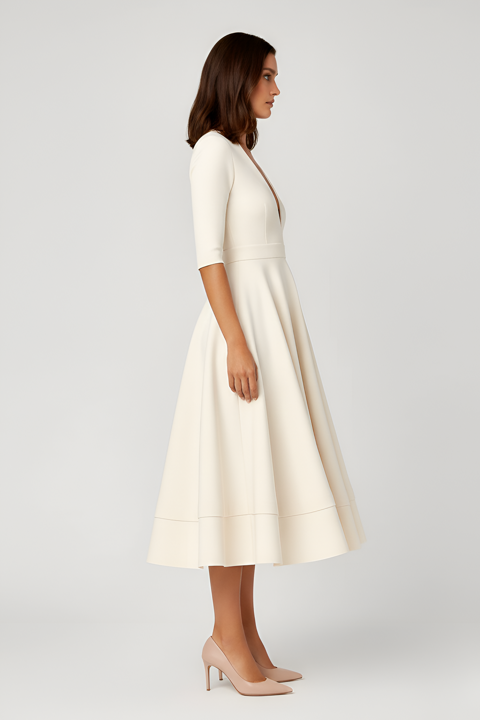 Women’s V Neck A Line Midi Dress with 3/4 Sleeves