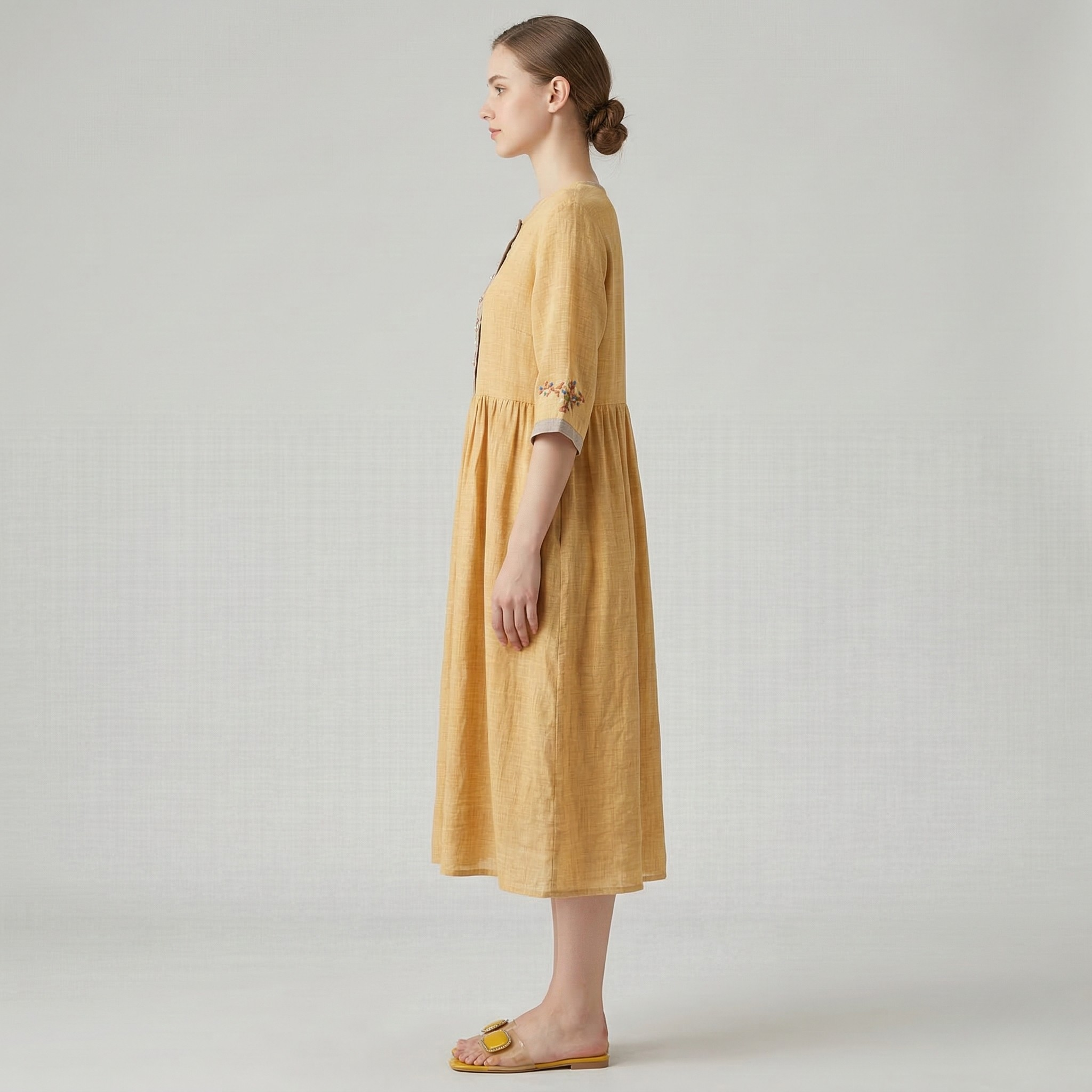 Γυναικείο βαμβακερό λινό κεντητό μίντι φόρεμα, άνετη εφαρμογή, καθημερινό καλοκαιρινό φόρεμα