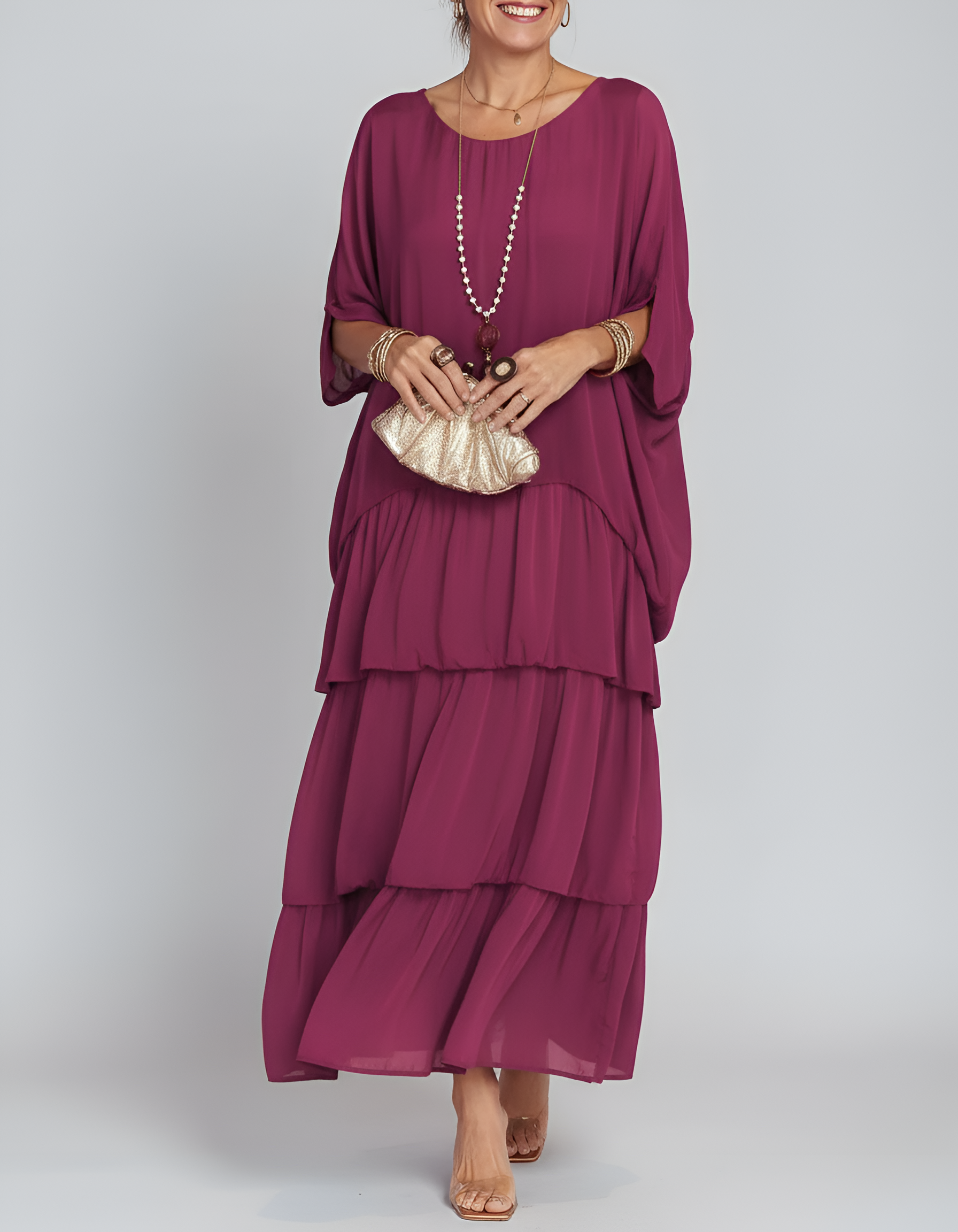 Women’s Loose Fit Tiered Maxi Dress Batwing Sleeve Casual Long Dress