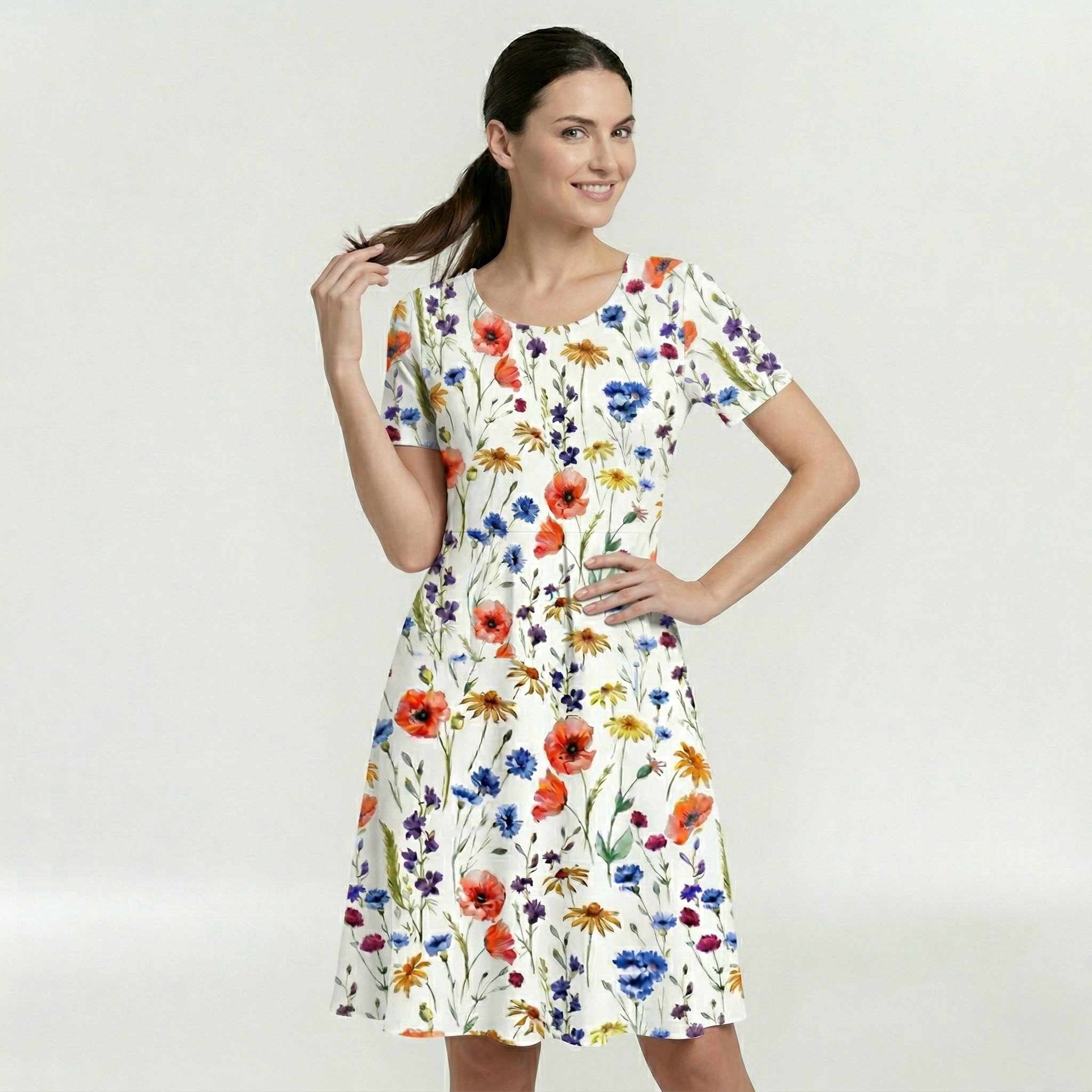 Γυναικείο Φόρεμα Μίντι με Κοντό Μανίκι και Λουλούδια, Καθημερινό, Ελαφρύ