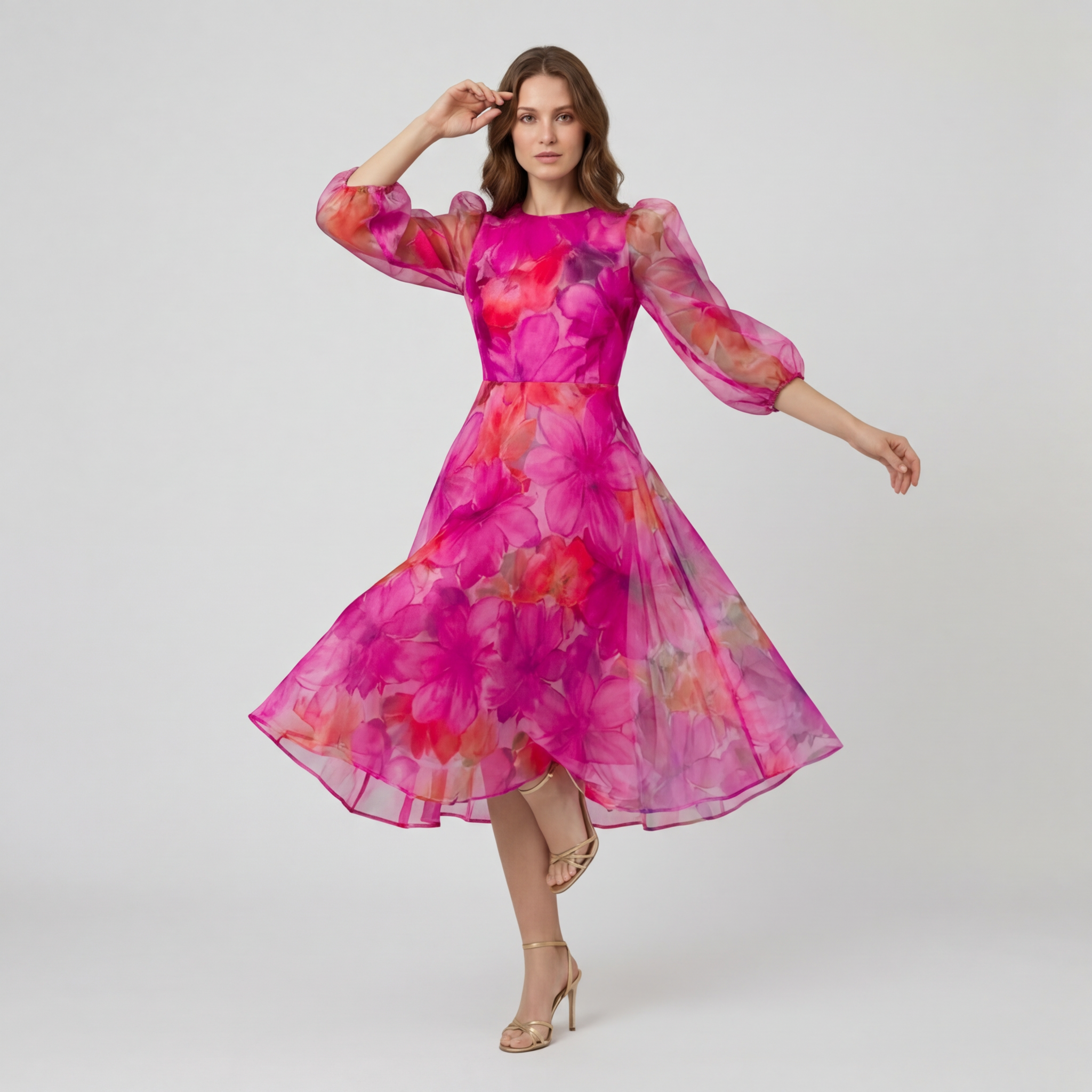 Γυναικείο Φλοράλ Μίντι Φόρεμα με Μακριά Μανίκια για Καλεσμένη Γάμου