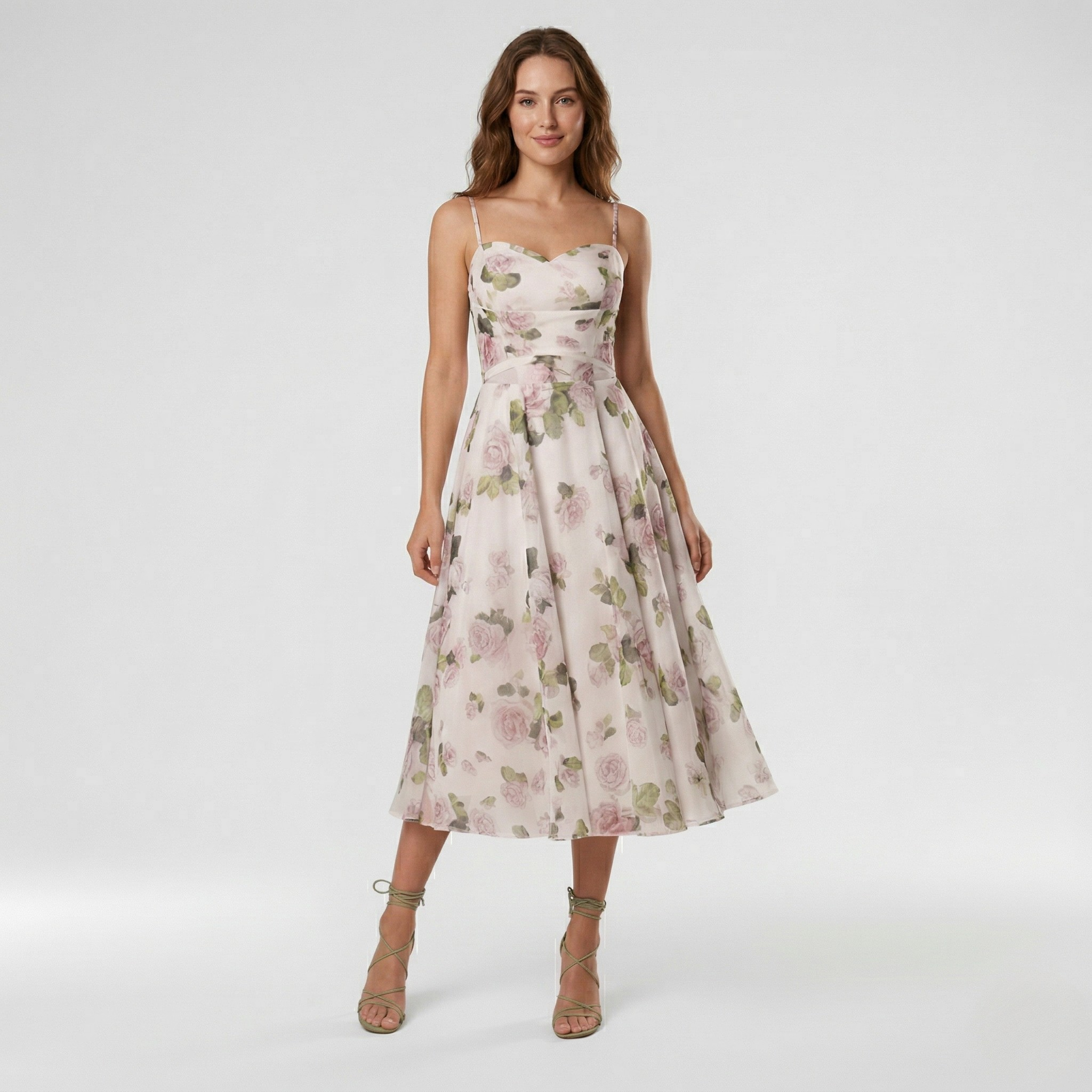 Γυναικείο Φλοράλ Μίντι Φόρεμα με Λεπτές Τιράντες Ελαφρύ για Καλεσμένη Γάμου