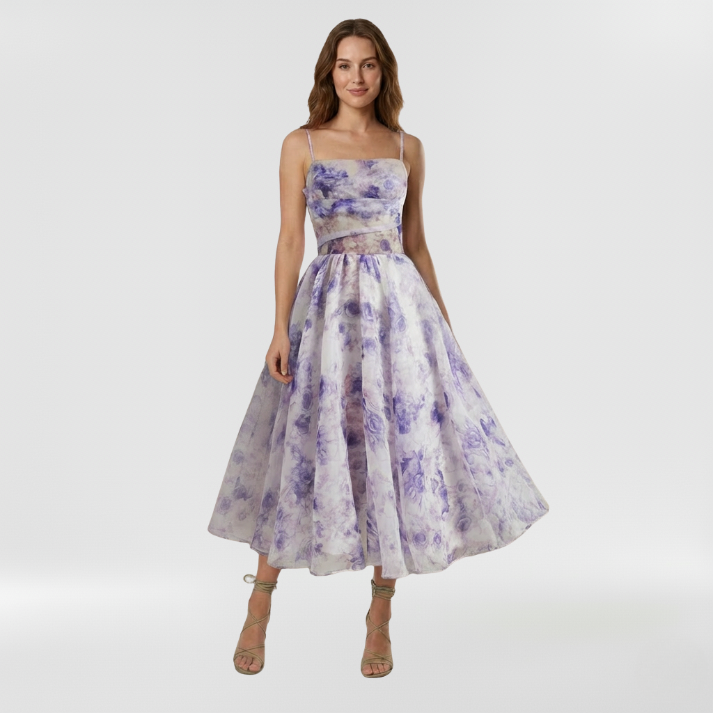 Γυναικείο Φλοράλ Μίντι Φόρεμα με Λεπτές Τιράντες Ελαφρύ για Καλεσμένη Γάμου