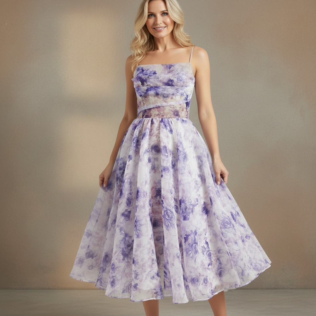 Alba | Γυναικείο Φλοράλ Midi Φόρεμα για Καλεσμένη Γάμου με Λεπτές Τιράντες, Ευθεία Λαιμόκοψη και Φουσκωτή Φούστα