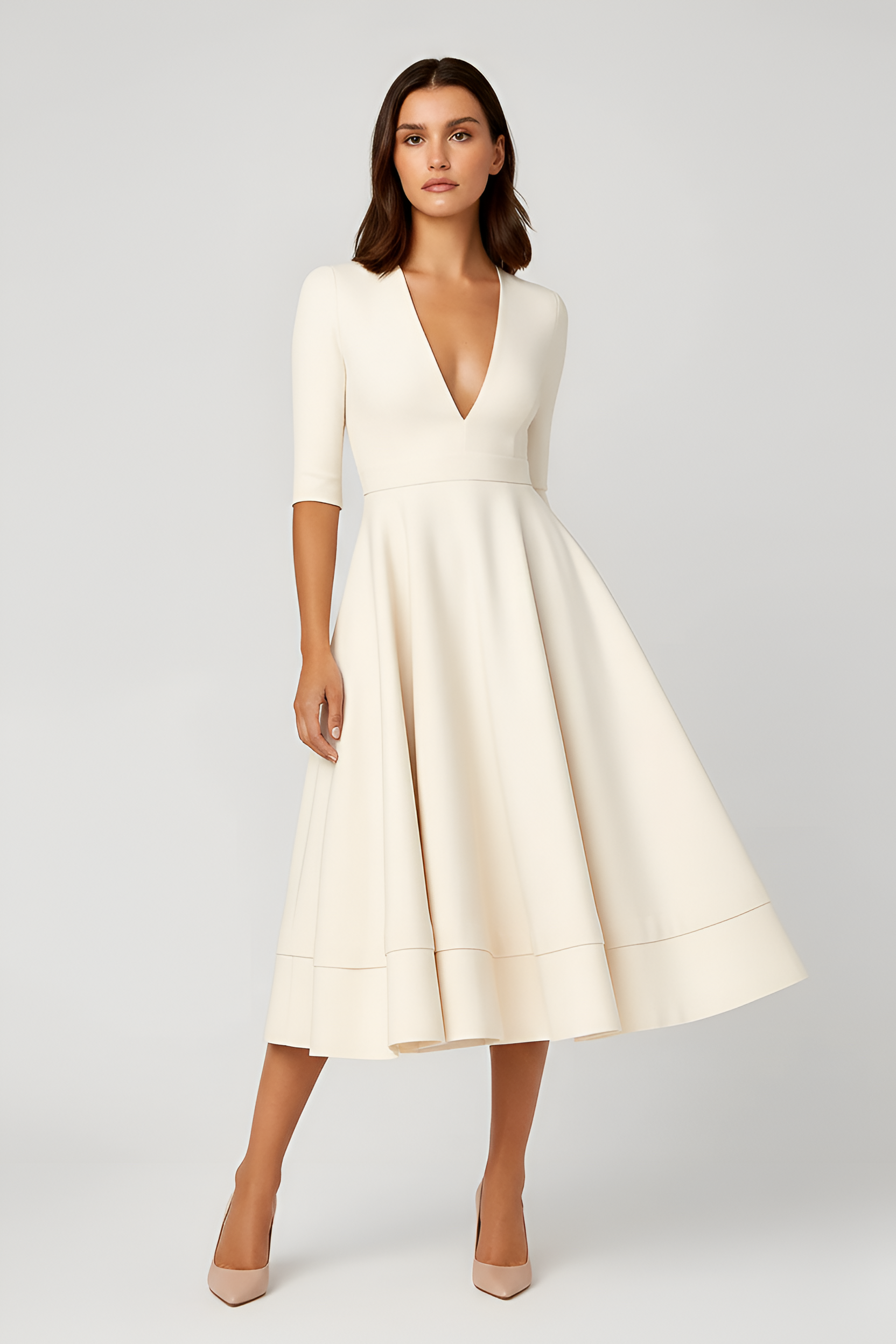 Women’s V Neck A Line Midi Dress with 3/4 Sleeves