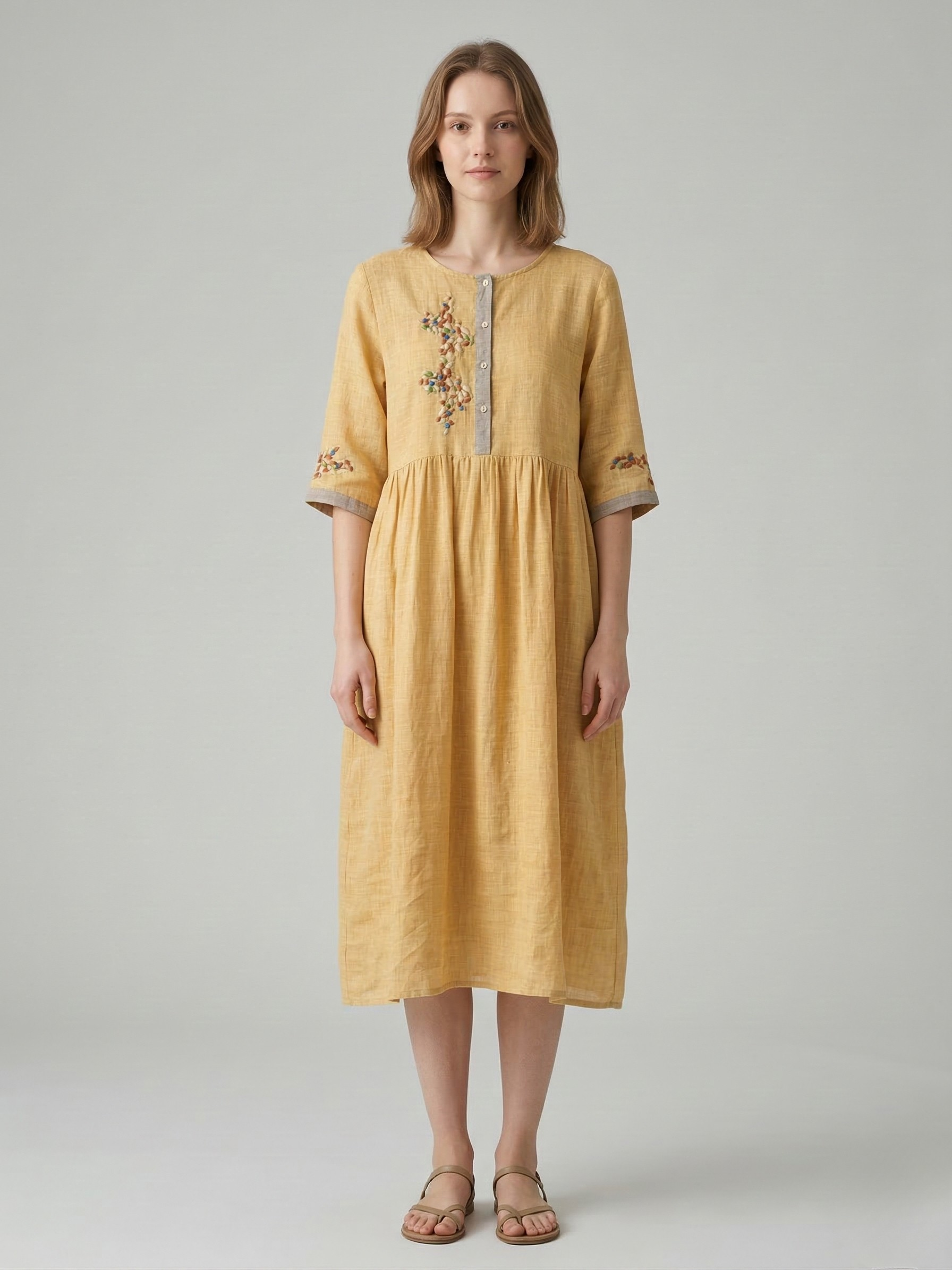 Γυναικείο βαμβακερό λινό κεντητό μίντι φόρεμα, άνετη εφαρμογή, καθημερινό καλοκαιρινό φόρεμα