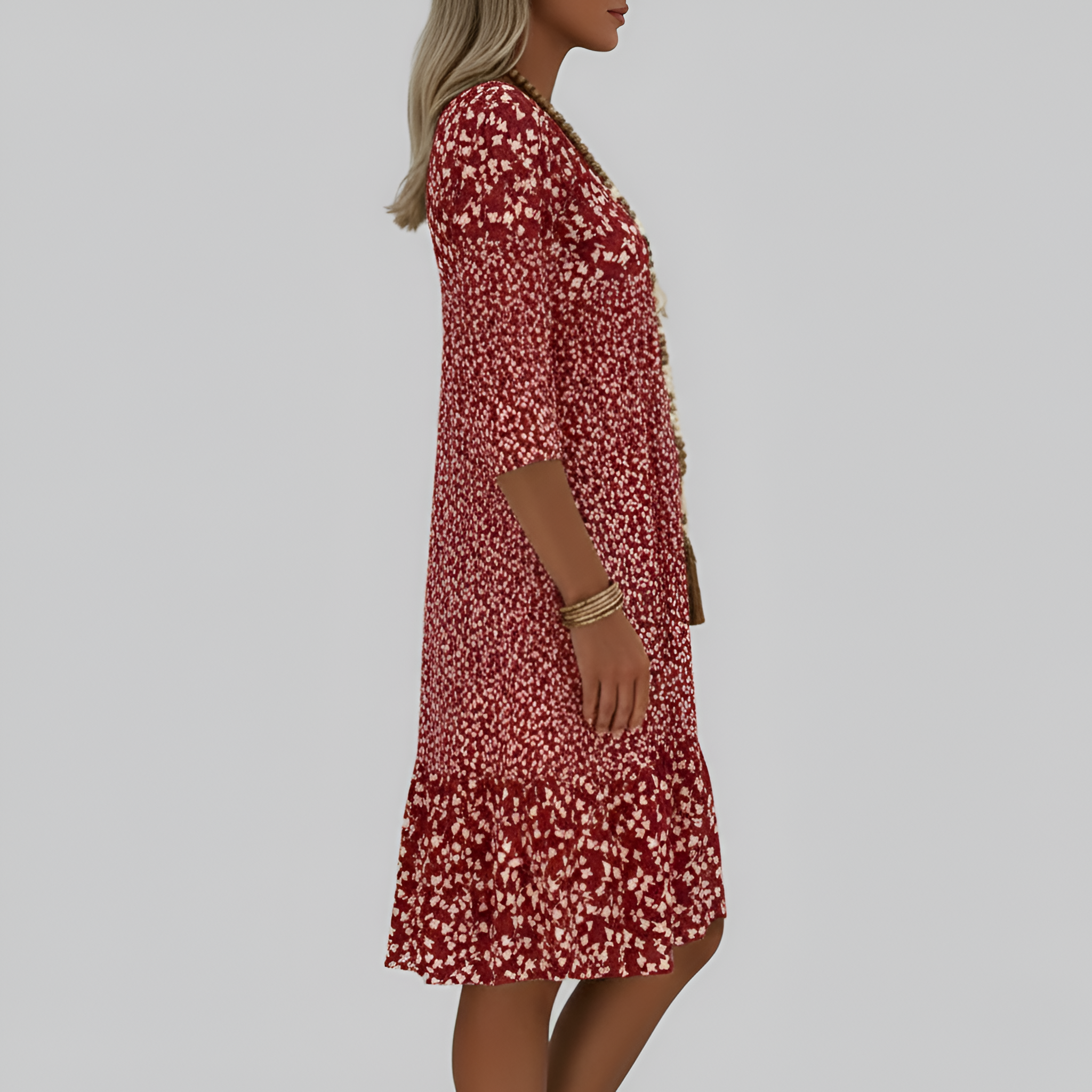 Women’s Floral Print Midi Dress with 3/4 Sleeves and V Neck