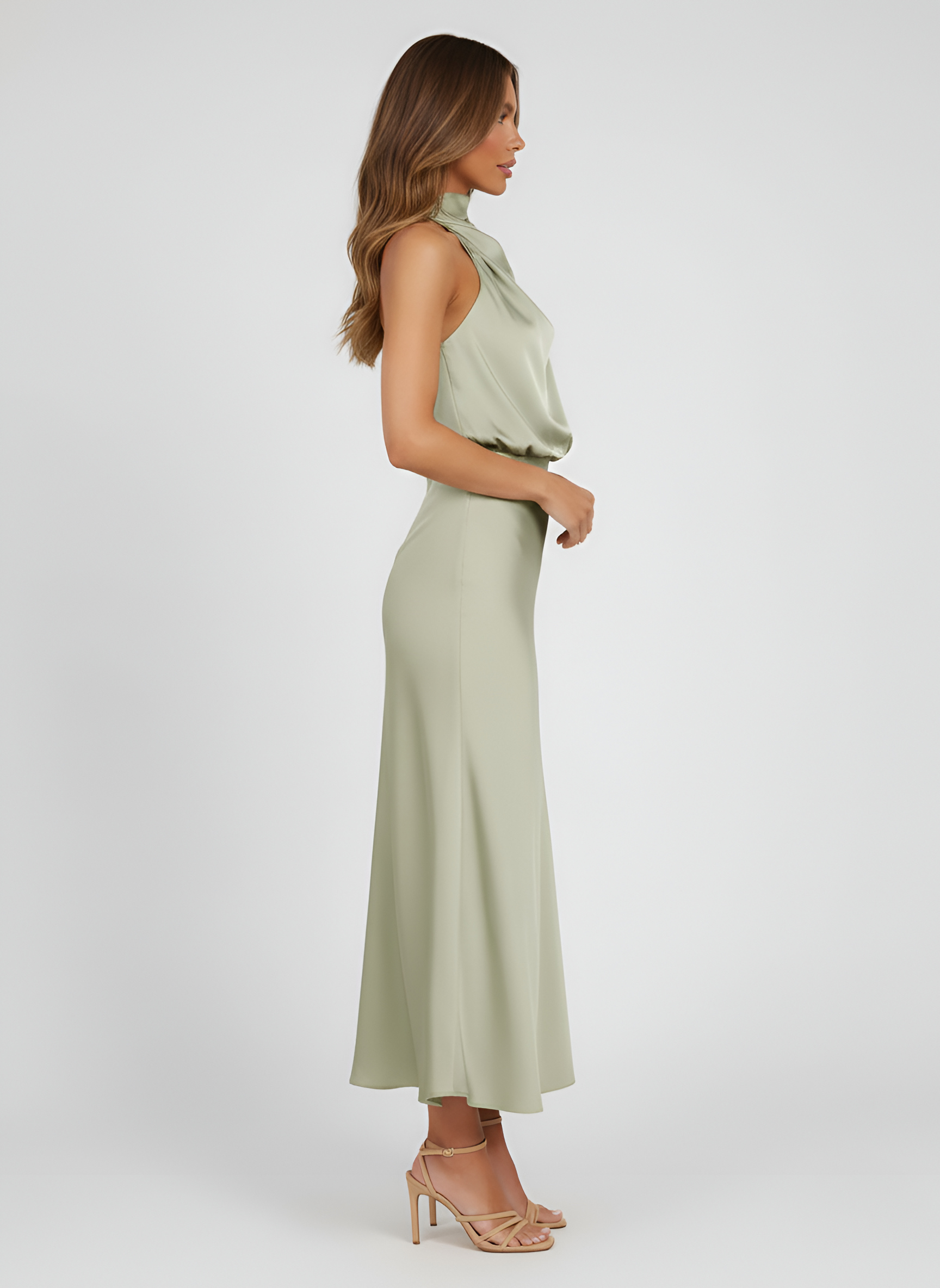 Women’s Halter Neck Midi Dress Sleeveless with Draped Waist