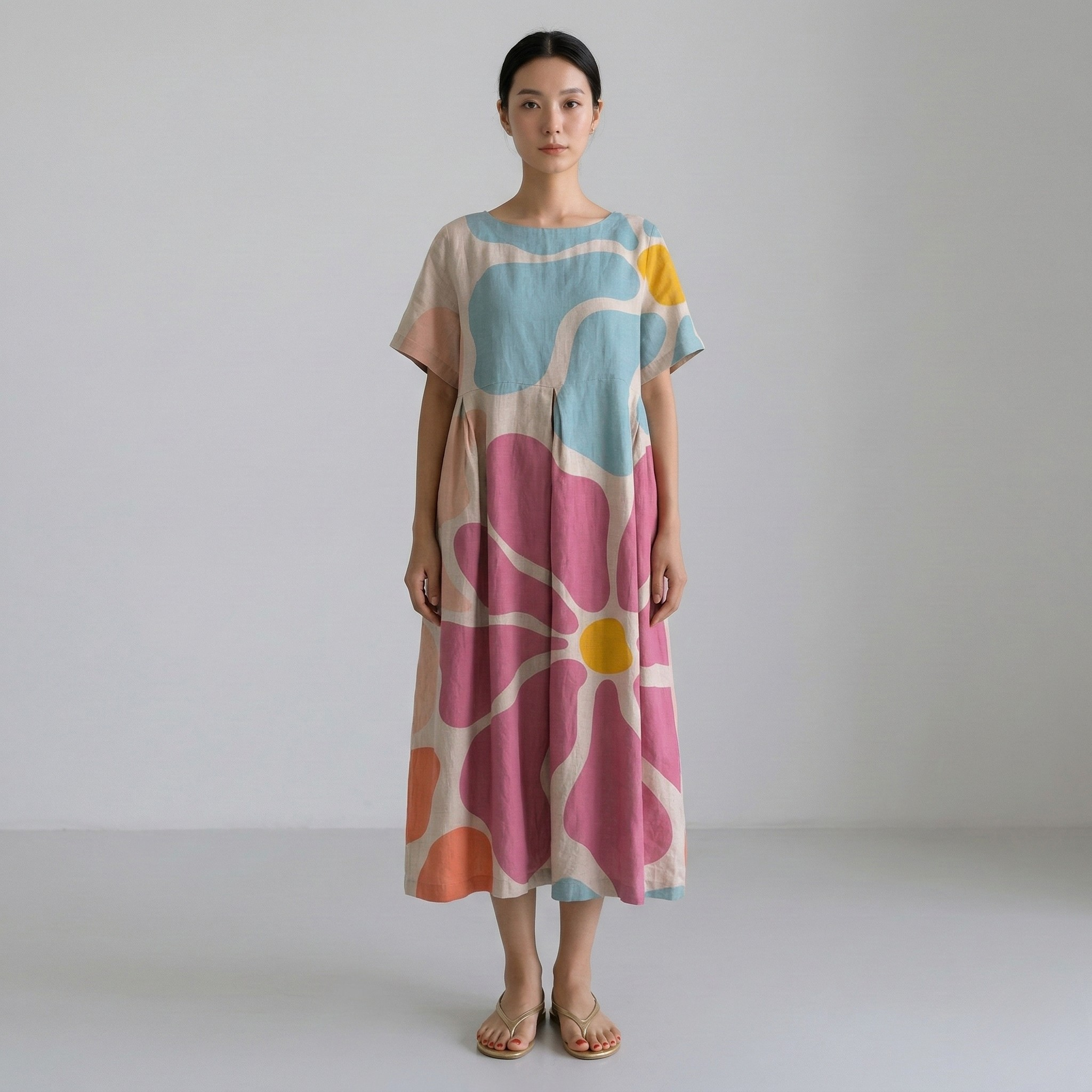 Γυναικείο Φόρεμα Maxi με Λουλουδάτο Σχέδιο, Φαρδιά Γραμμή, Κοντό Μανίκι, Χαλαρή Εφαρμογή, Καθημερινό Φόρεμα