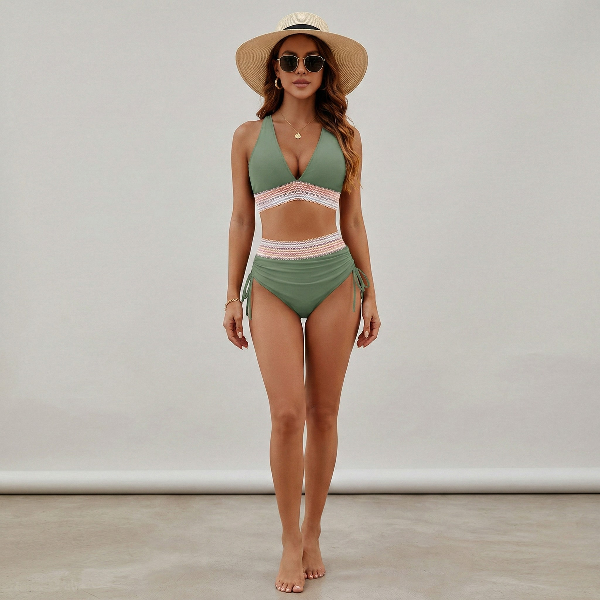 Γυναικείο Μαγιό Μπικίνι Ψηλόμεσο Σετ με Τρίγωνο Τοπ V Λαιμόκοψη Δύο Τεμαχίων