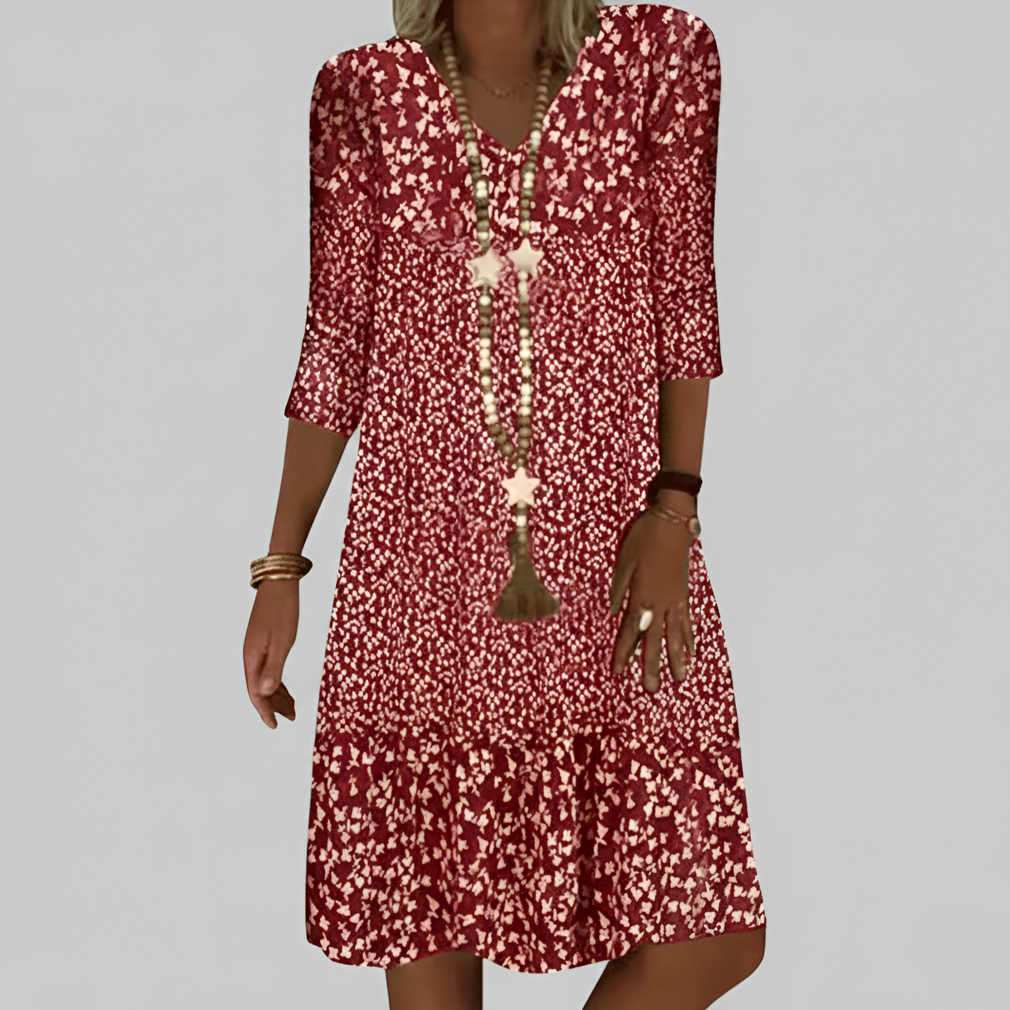 Women’s Floral Print Midi Dress with 3/4 Sleeves and V Neck
