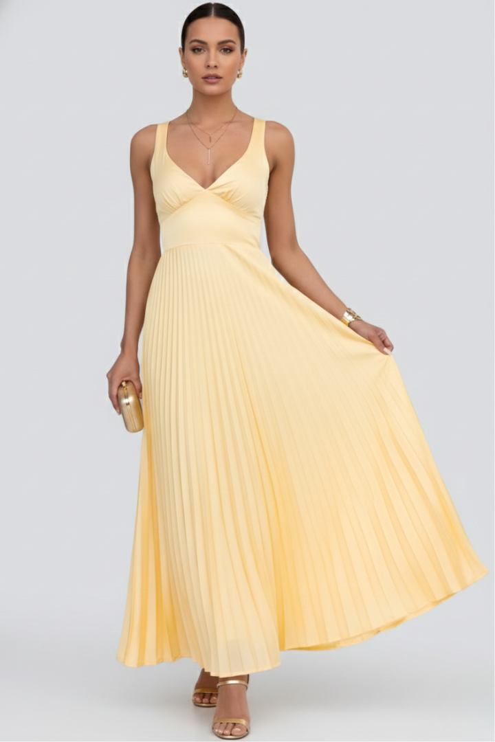 Alba | Women's V-Neck Maxi Dress with Pleated Skirt