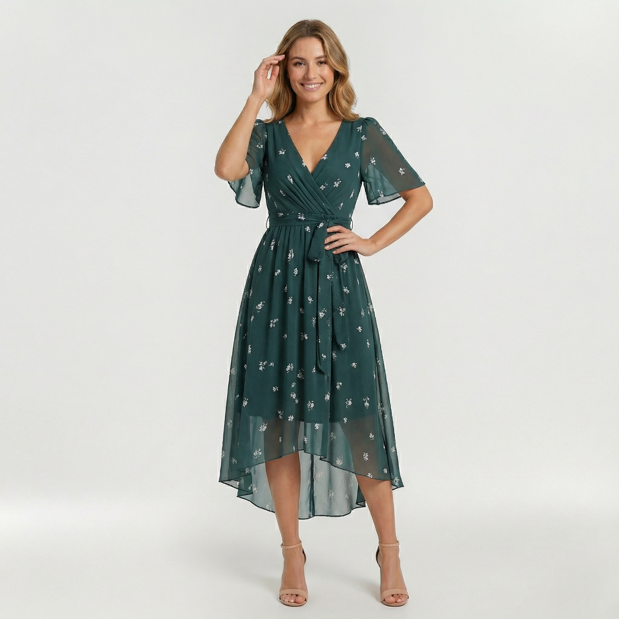 Γυναικείο Μίντι Φόρεμα με V-Λαιμόκοψη, Κοντό Μανίκι, Ροή, Καθημερινή Φορεσιά