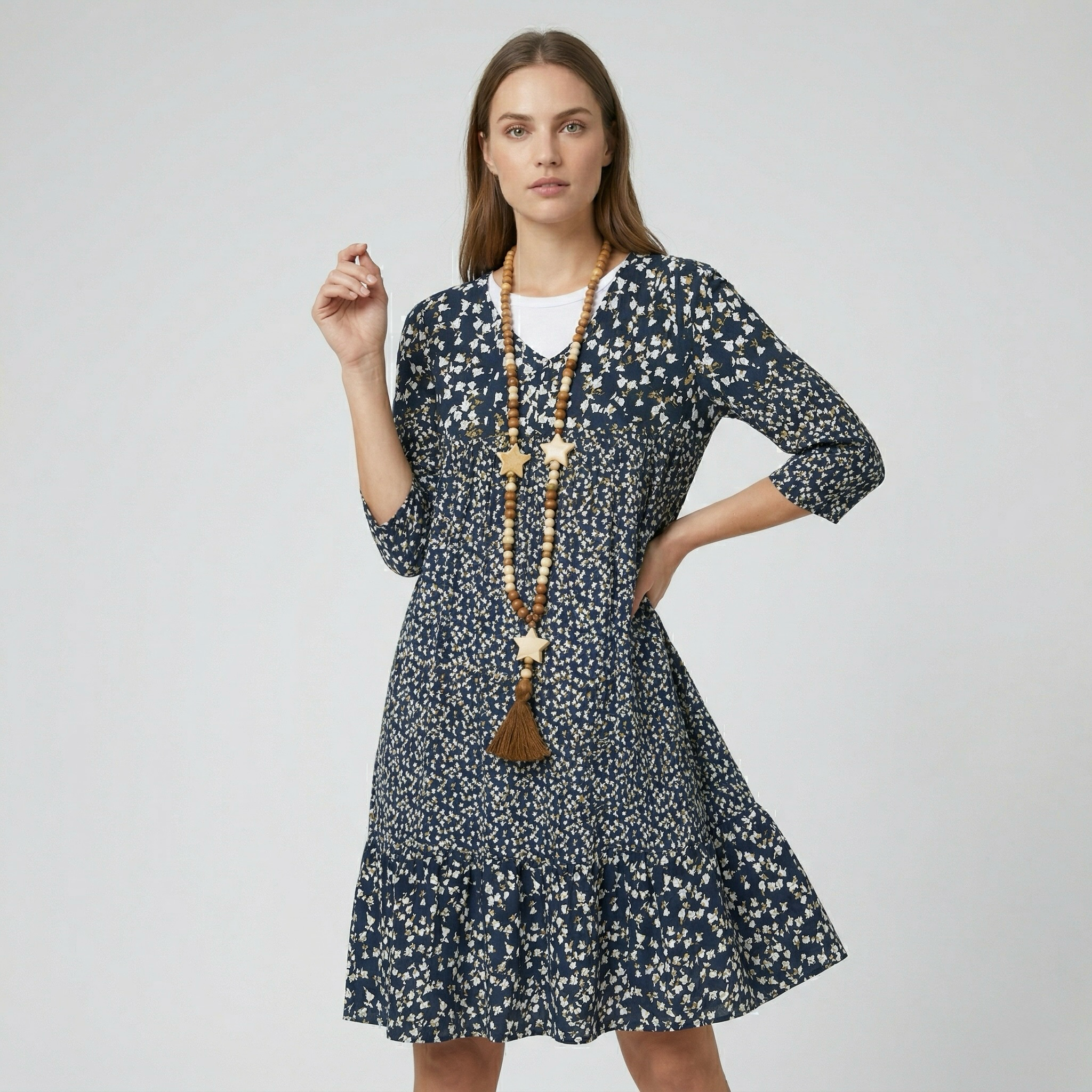 Γυναικείο Φόρεμα με Τύπωμα και V-Λαιμόκοψη, Μανίκι Τριών Τετάρτων, Καθημερινή Φορεσιά