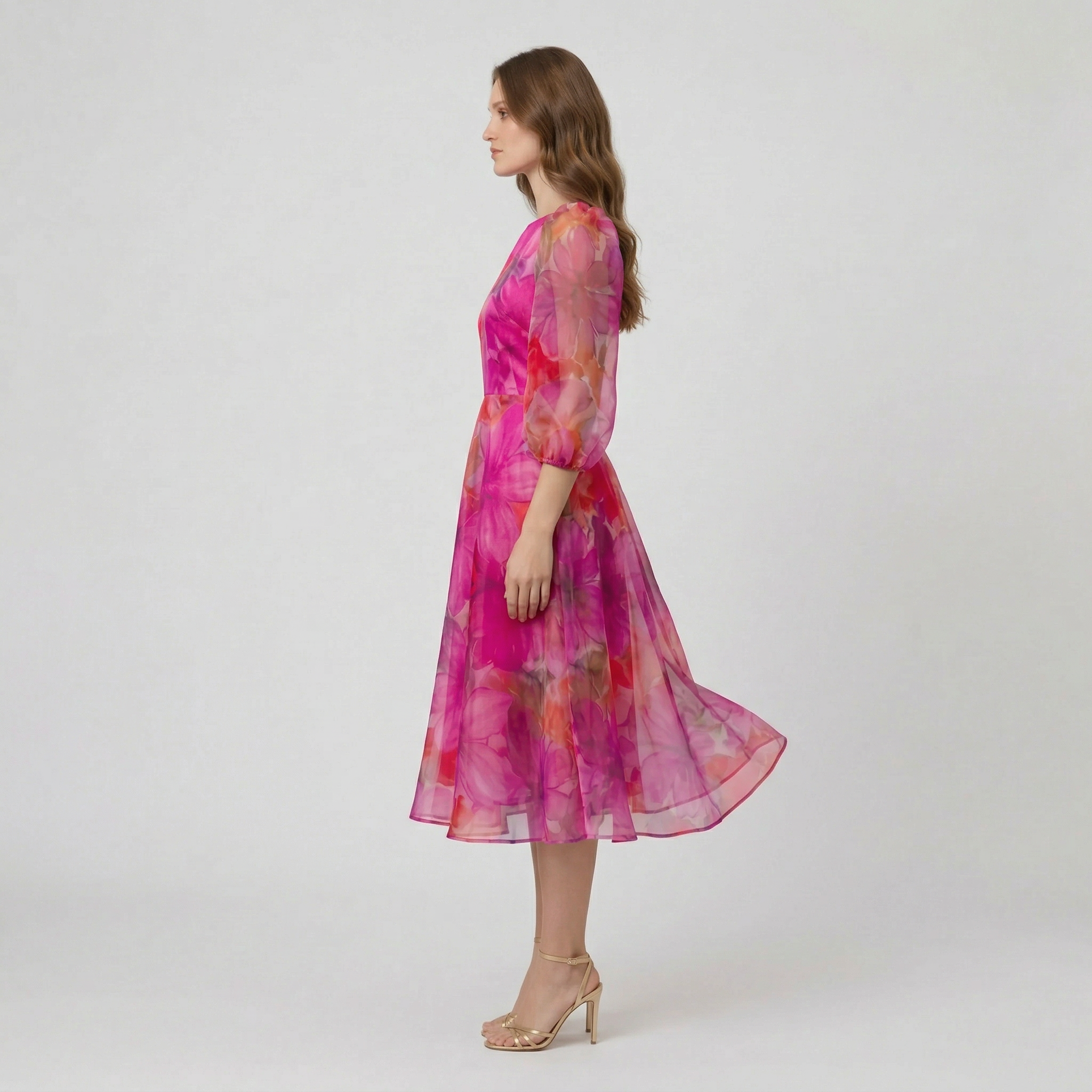 Γυναικείο Φλοράλ Μίντι Φόρεμα με Μακριά Μανίκια για Καλεσμένη Γάμου