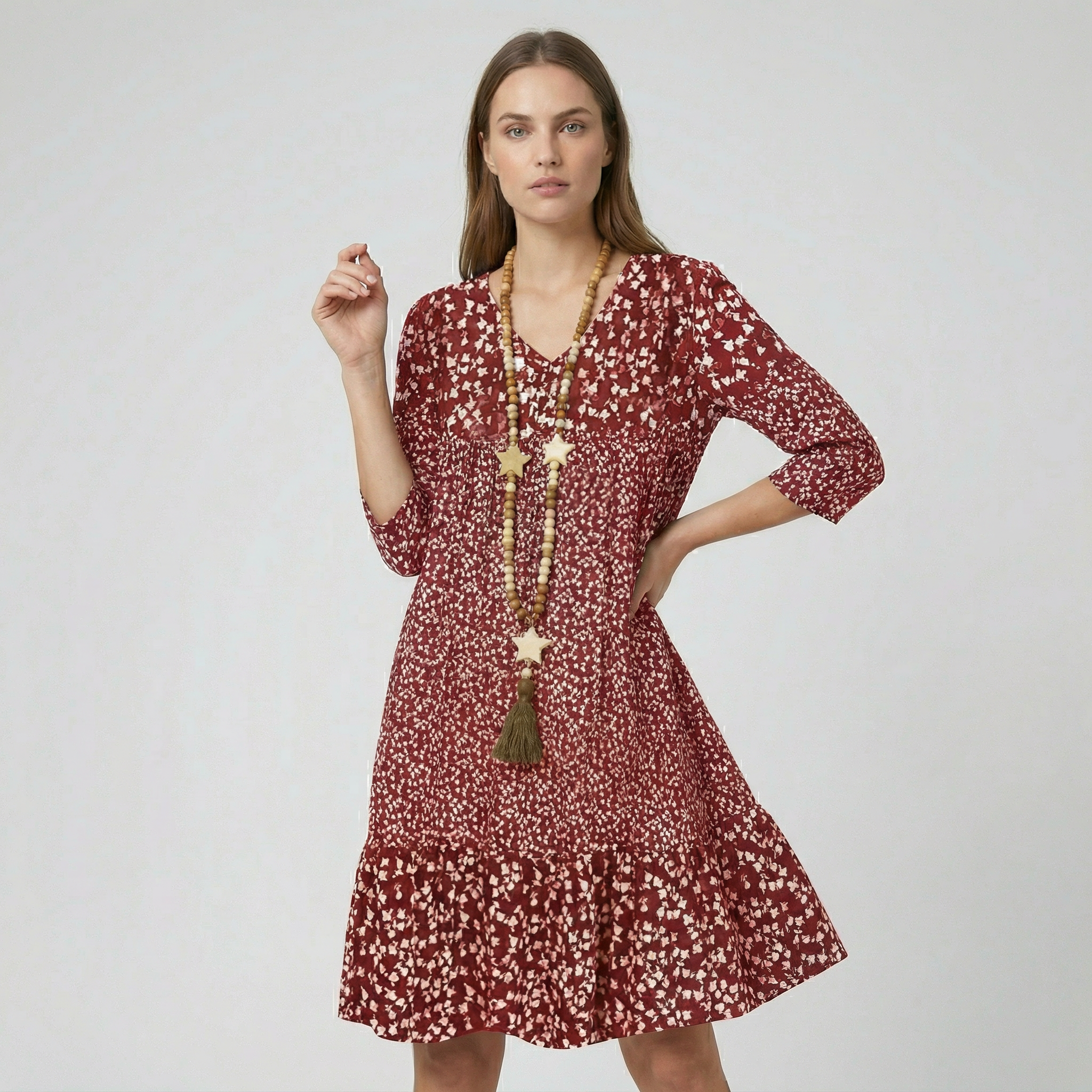 Γυναικείο Φόρεμα με Τύπωμα και V-Λαιμόκοψη, Μανίκι Τριών Τετάρτων, Καθημερινή Φορεσιά