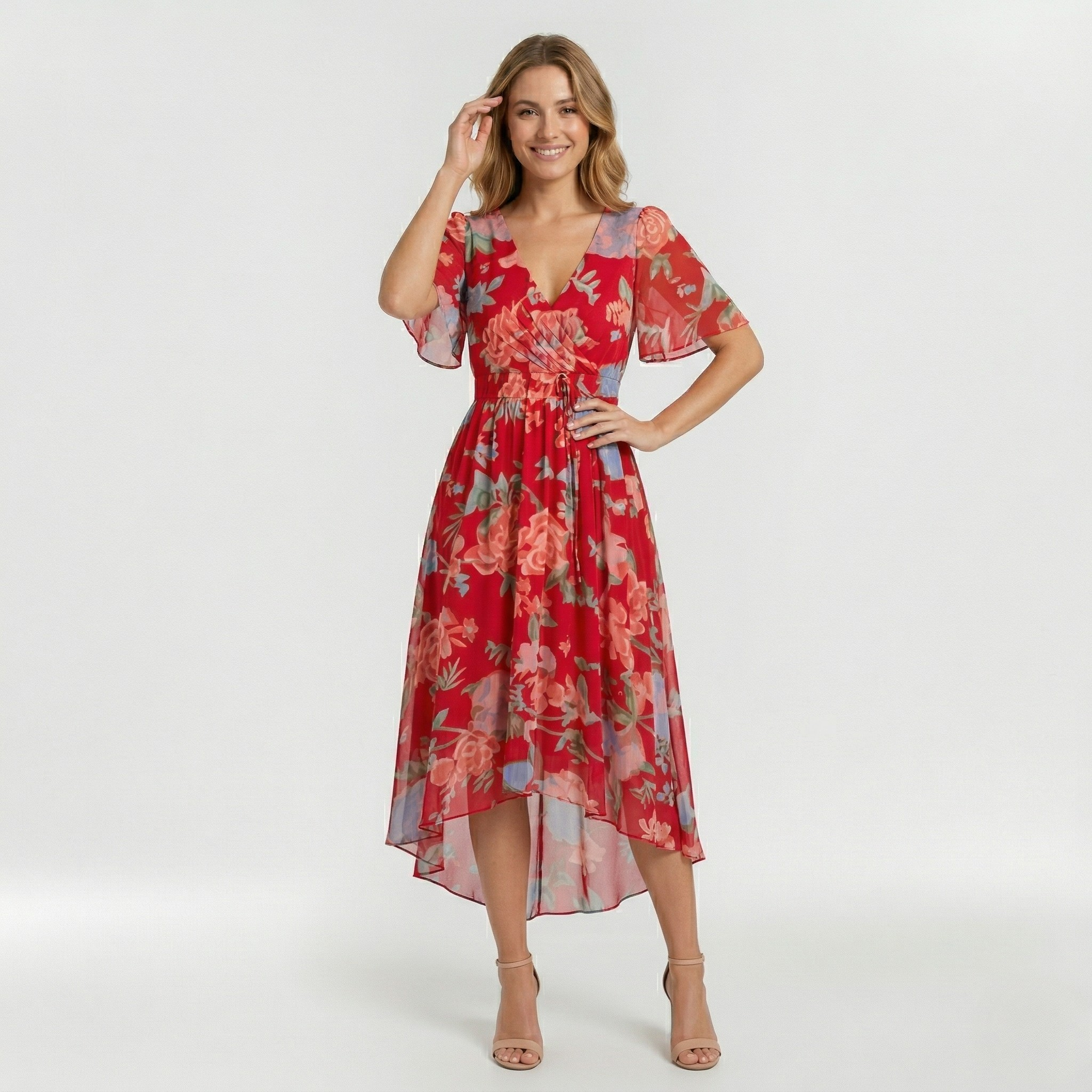 Γυναικείο Μίντι Φόρεμα με V-Λαιμόκοψη, Κοντό Μανίκι, Ροή, Καθημερινή Φορεσιά